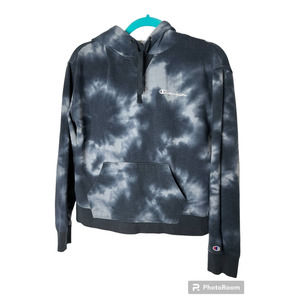 Champion Hoodie in Gray and White Tie Dye with Kangaroo Pocket Size Small